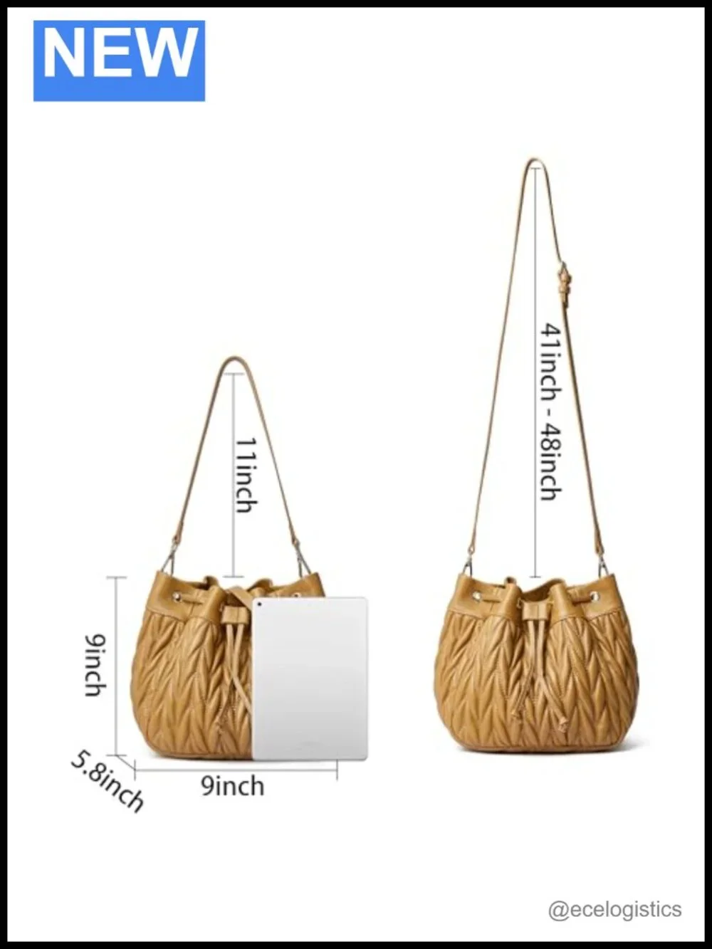 Lambskin Leather Quilted Drawstring Bucket Purse Shoulder Handbag Two Straps